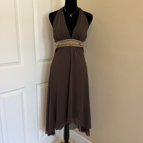 metrostyle Dresses & Skirts - Y2K Venus USA Women's Brown Midi Halter Dress Lace Rhinestone Trim (M) VTG Bratz